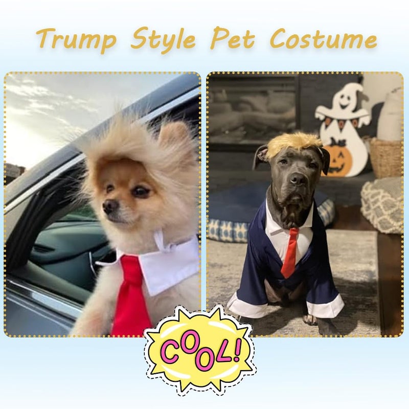 MESINURS Trump Style Pet Costume Dog Wig, Dog Clothes with Collar & Tie Head Wear Apparel Toy for Halloween, Christmas, Parties, Festivals (Light Brown with Tie) - Image 2